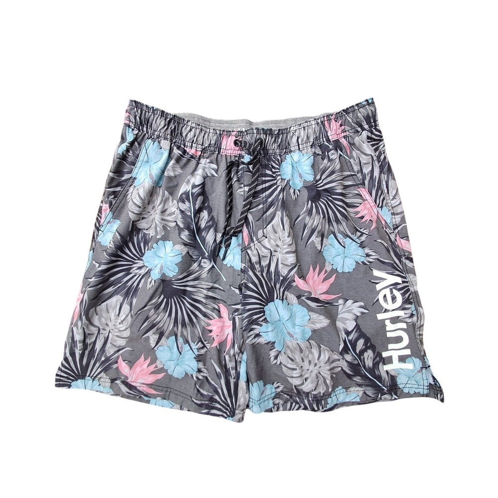 Hurley Mens XL Floral Swim Trunks Grey Blue Pink Tropical Board Shorts Stretch